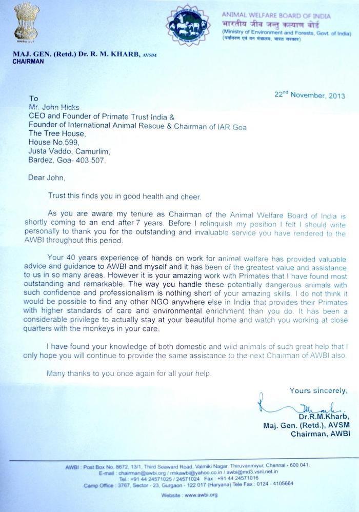 Letter From The Animal Welfare Board of India